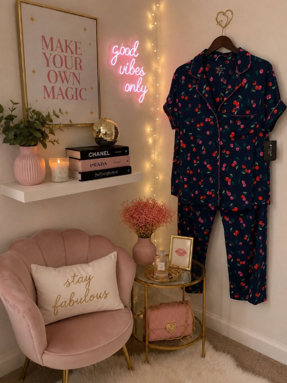 BNWT KATE SPADE Summer Navy Blue Cherries Pajama Set Women's Size Medium